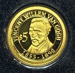 Золотая монета 5 долларов "Висент Ван Гог 1853-1890" Науру, 2011г., ПРУФ, 0,5г.,Au 999 