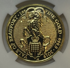 Золотая монета Великобритании 100 фунтов "Йель Бофорта" 2019 года 31,1 г. в слабе ННР MS 70